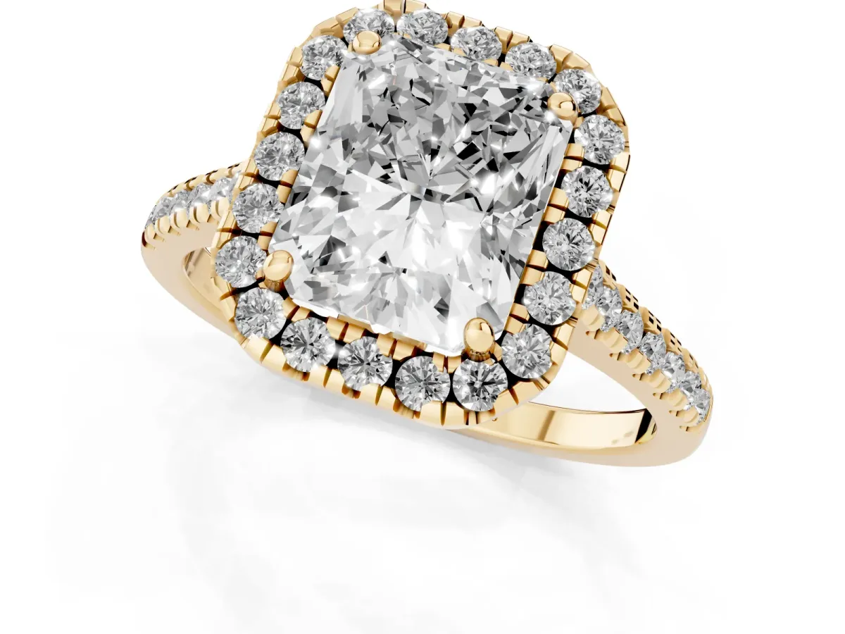 Radiant Cut Diamond Cushion Halo Ring with Pavé Band Yellow gold