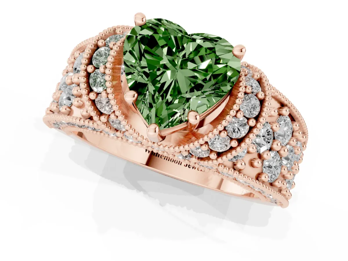 Fancy Green Heart Cut Halo Pave Diamond Engagement Ring with Milgrain Detailing Rose gold