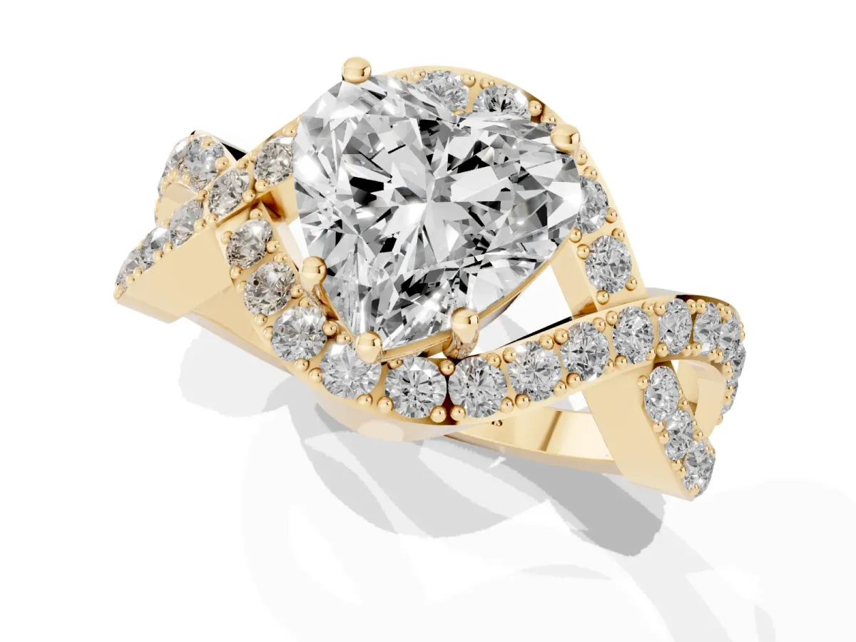 Heart Cut Solitaire Twist Band Pavé Diamond Engagement Ring Yellow gold