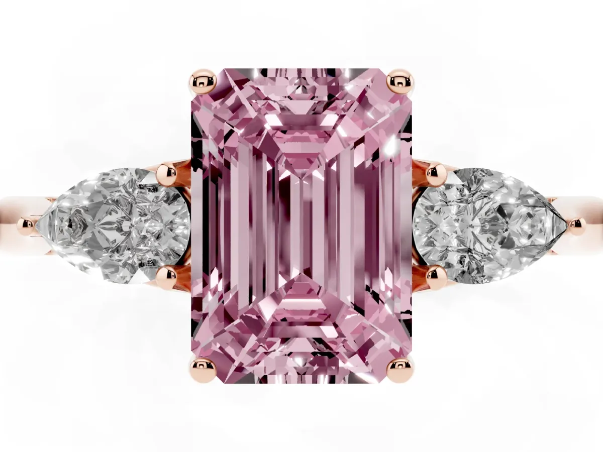 Fancy Pink Three-Stone Emerald Cut Brilliant Diamond Solitaire Ring with Tapered Band and Four-Prong Setting Rose gold