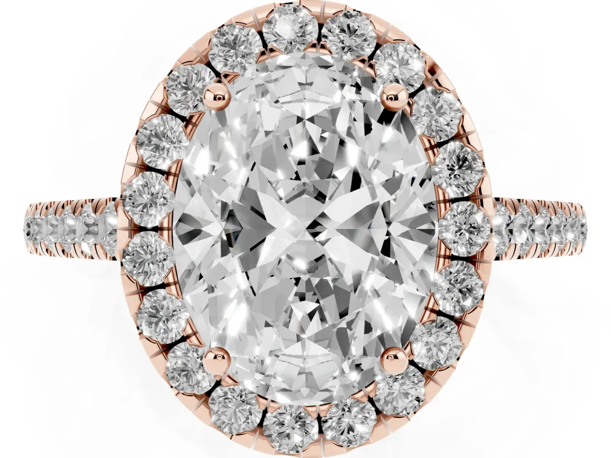 Oval Cut Halo Pave Diamond Engagement Ring with Four-Prong Setting Rose gold