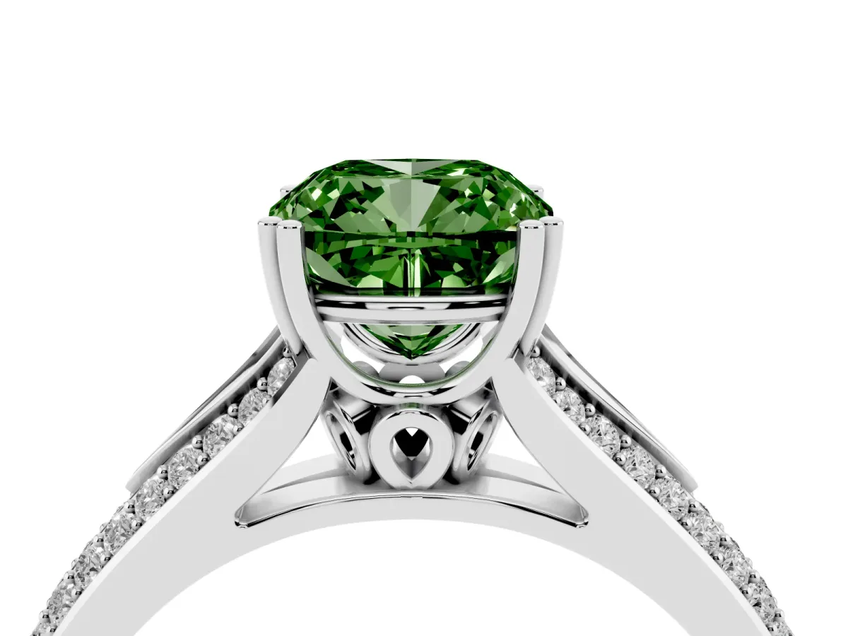 Fancy Green Cushion Cut Diamond Split Shank Engagement Ring with Pavé Band Platinum