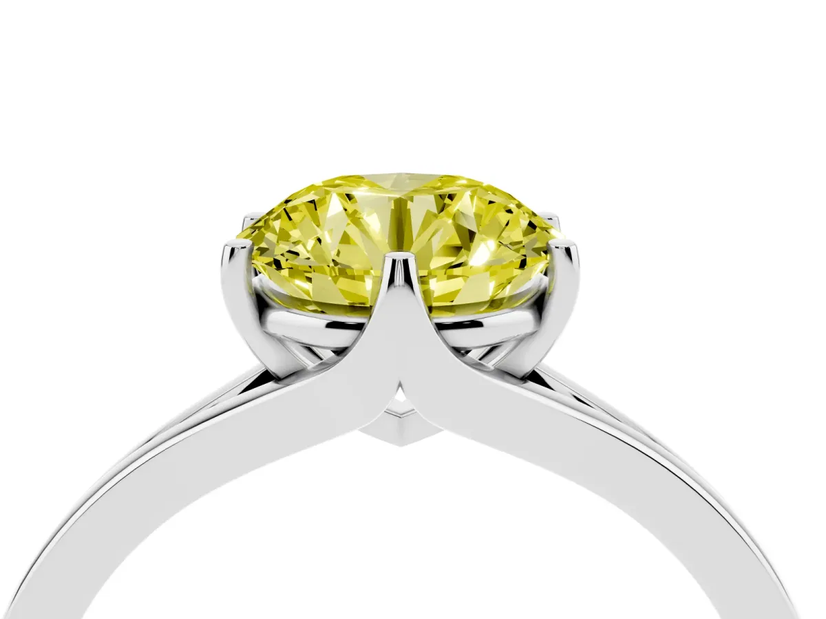 Fancy Yellow Round Cut Solitaire Diamond Ring with Six-Prong Setting and Tapered Band Platinum