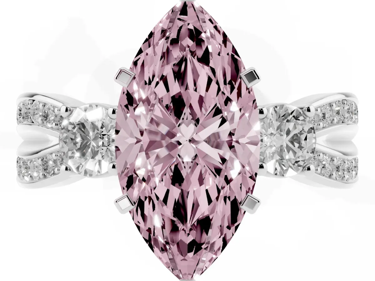 Fancy Pink Three-Stone Marquise Cut Cut Diamond Twist Band with Prong Setting Platinum