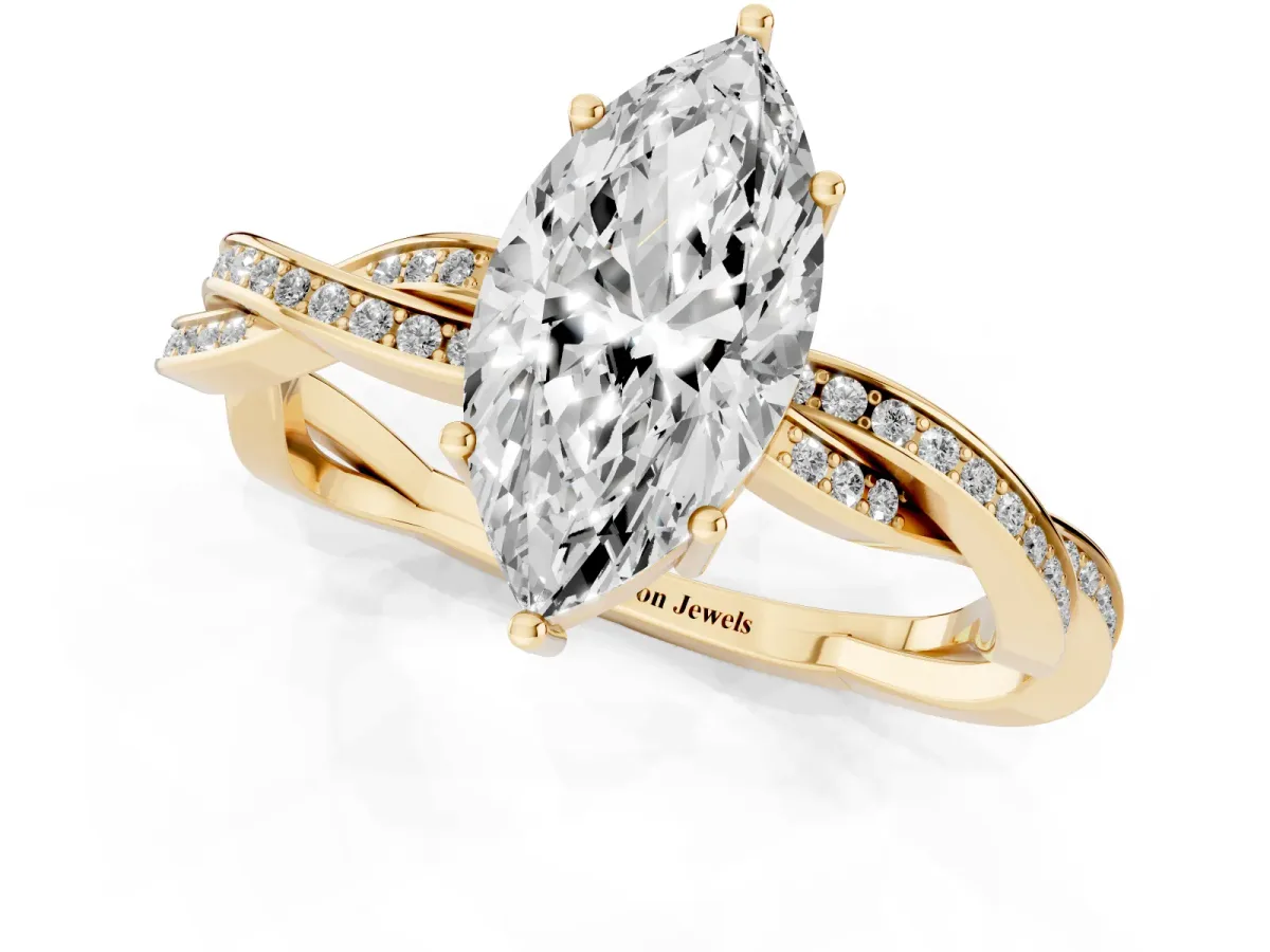 Marquise Cut Solitaire Twisted Pave Diamond Ring with Four-Prong Setting Yellow gold