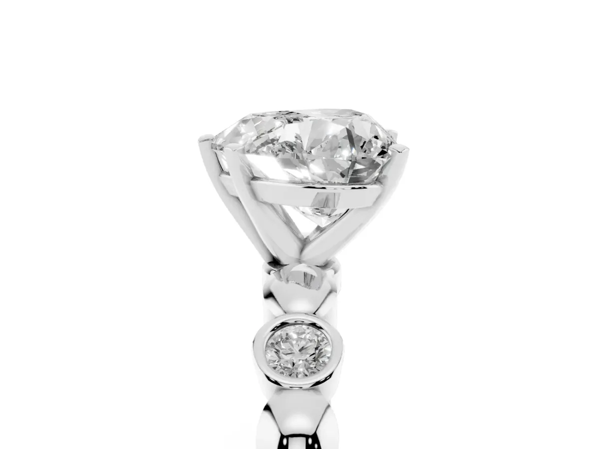 Heart Cut Solitaire Bezel-Set Diamond Ring with Beaded Band and Four-Prong Setting Silver