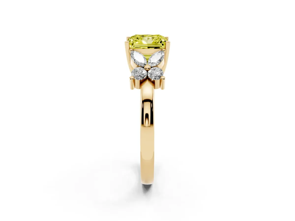 Fancy Yellow Princess Cut Diamond Floral Cluster Ring with Solitaire Band and Prong Setting Yellow gold