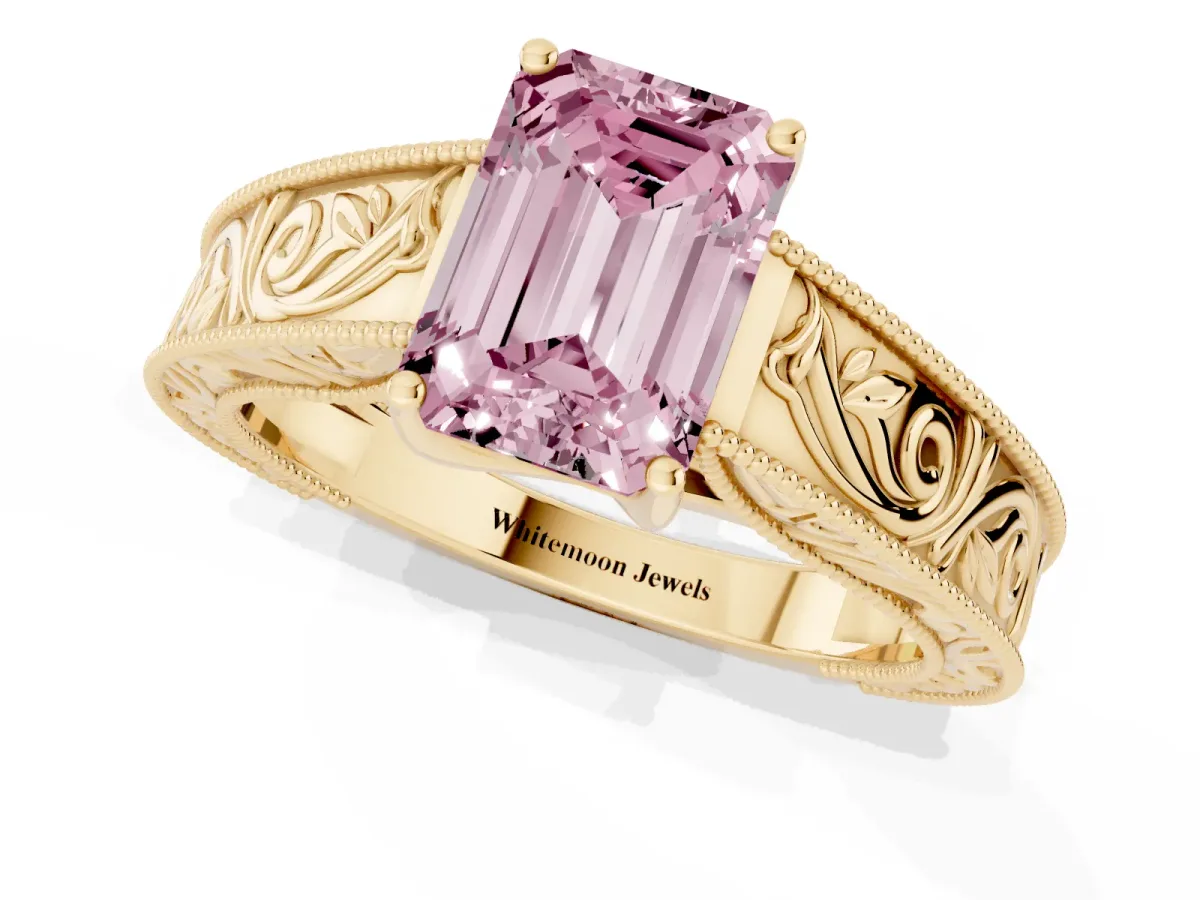 Fancy Pink Emerald Cut Diamond Solitaire Ring with Engraved Band and Four-Prong Setting Yellow gold