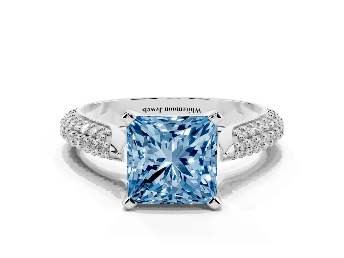 Fancy Blue Princess Cut Diamond Solitaire Engagement Ring with Multi-Row Round Pavé Band and Prong Setting White gold