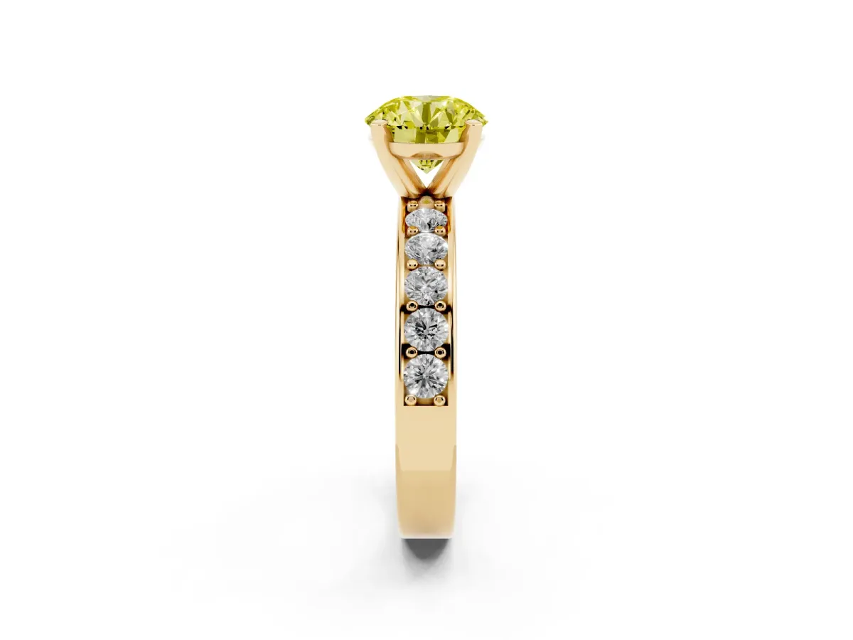 Fancy Yellow Round Cut Diamond Engagement Ring with Channel Set Round Band and Prong Setting Yellow gold