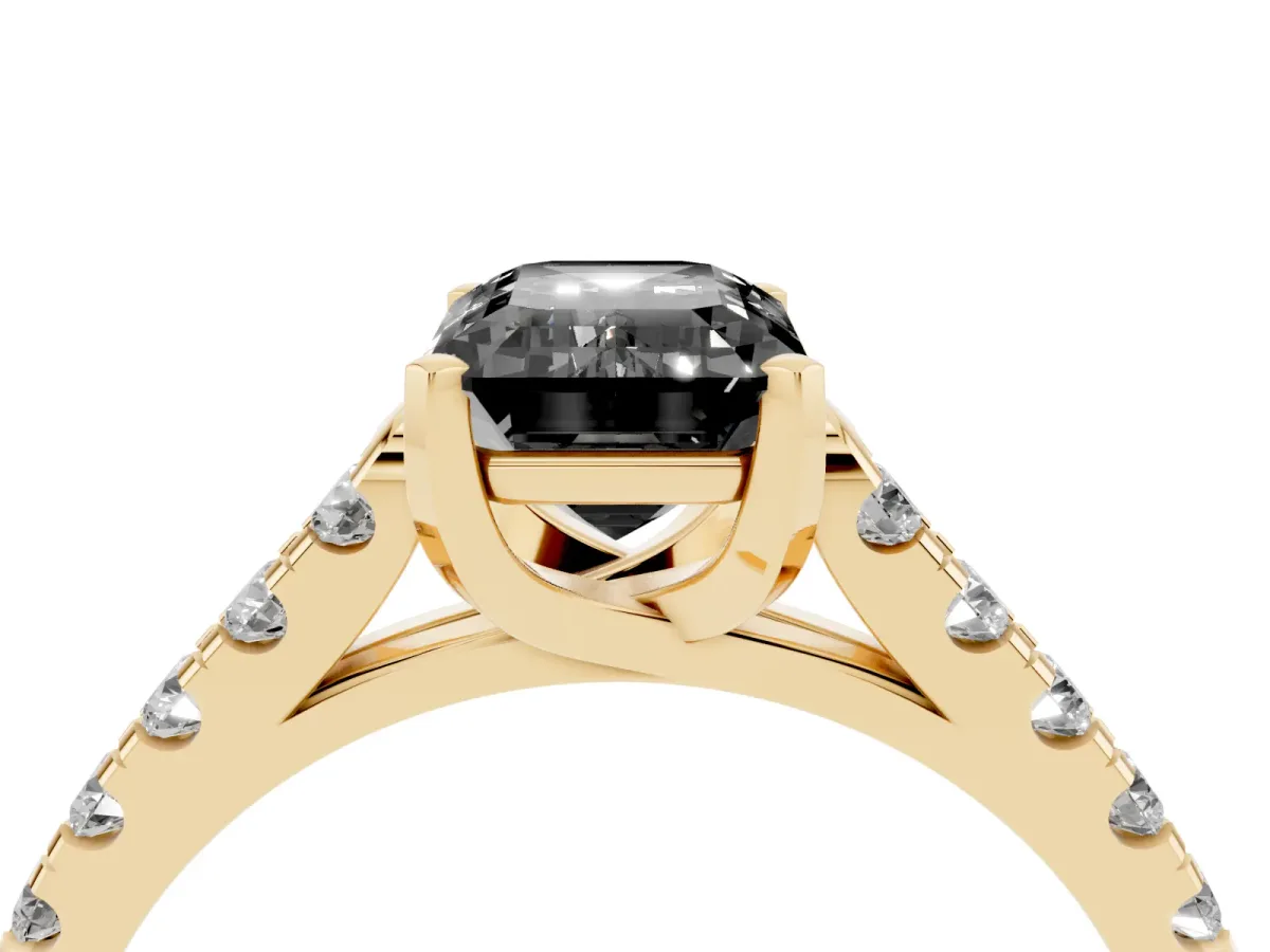 Fancy Black Emerald Cut Diamond Pavé Band Solitaire Ring with Prong Setting Yellow gold