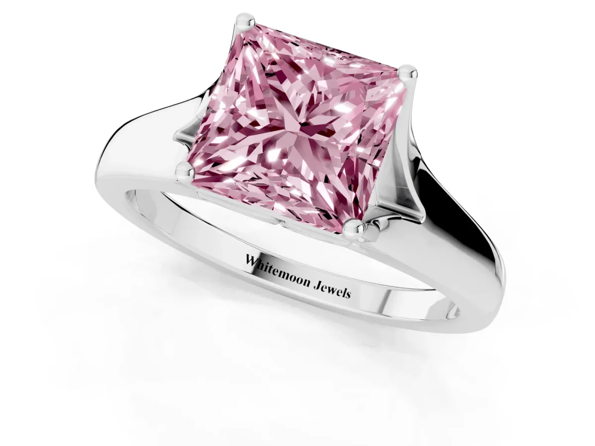 Fancy Pink Princess Cut Solitaire Diamond Ring with Cathedral Band and Four-Prong Setting White gold