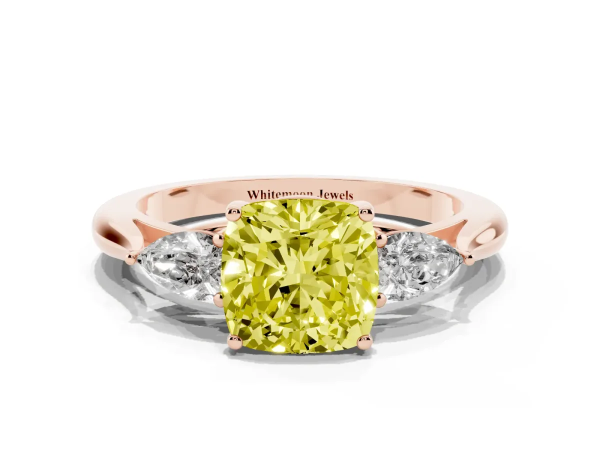 Fancy Yellow Cushion Cut Diamond Three-Stone Ring with Pear Side Stones and Prong Setting Rose gold
