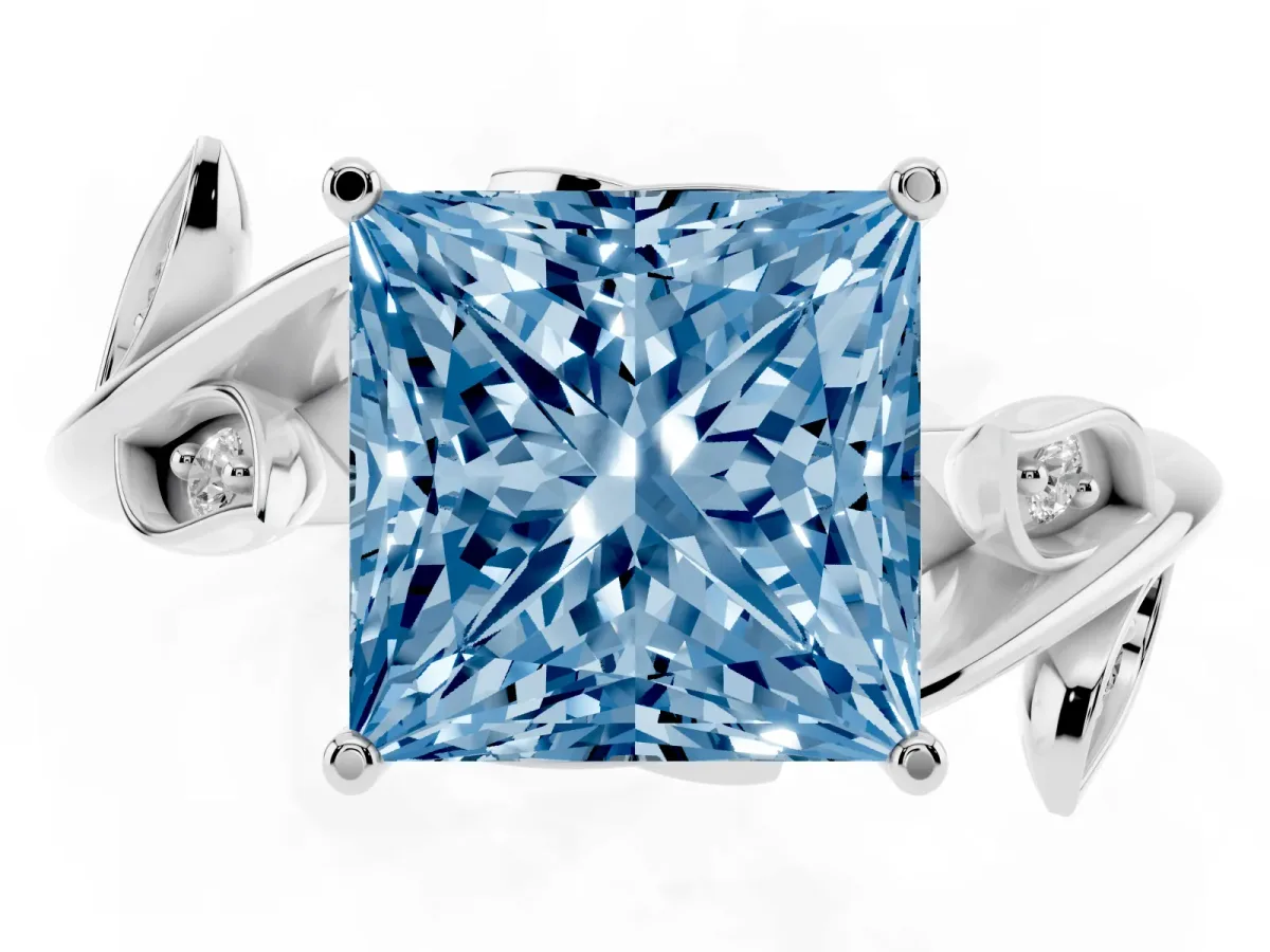 Fancy Blue Princess Cut Solitaire Twist Engagement Ring with Leaf Accents and Prong Setting Silver