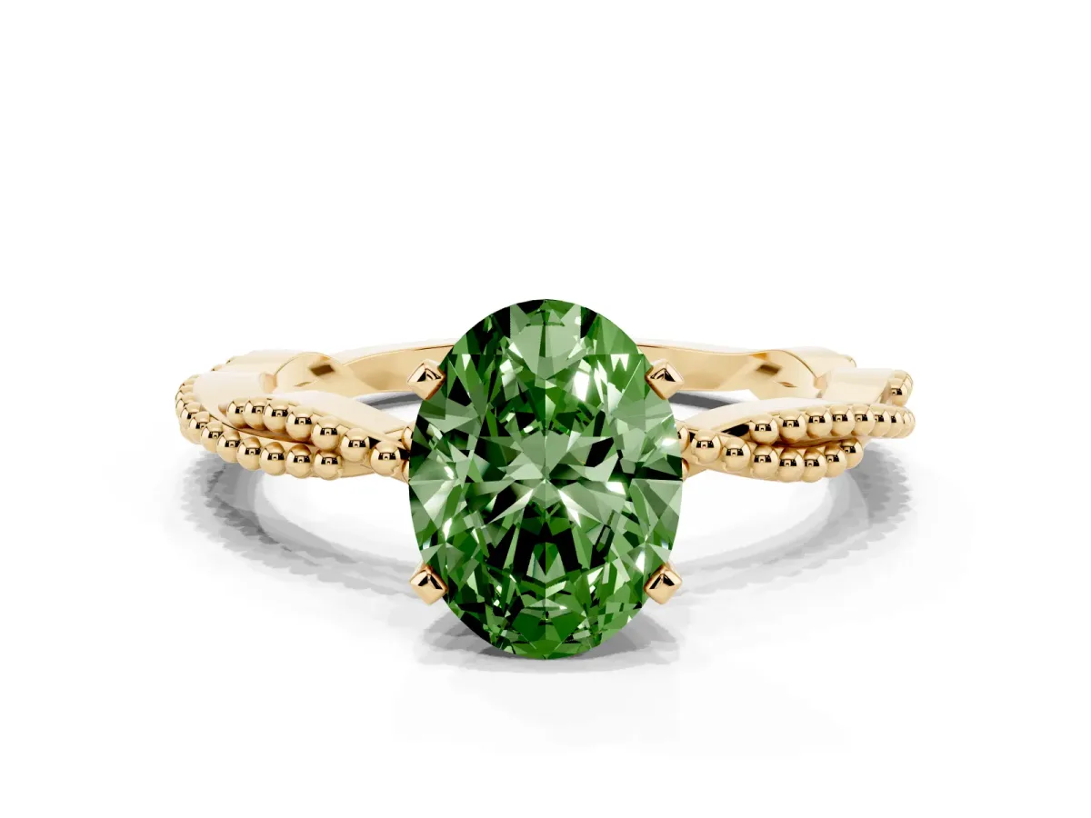 Fancy Green Oval Cut Solitaire Twisted Band with Bead Prong Setting Yellow gold