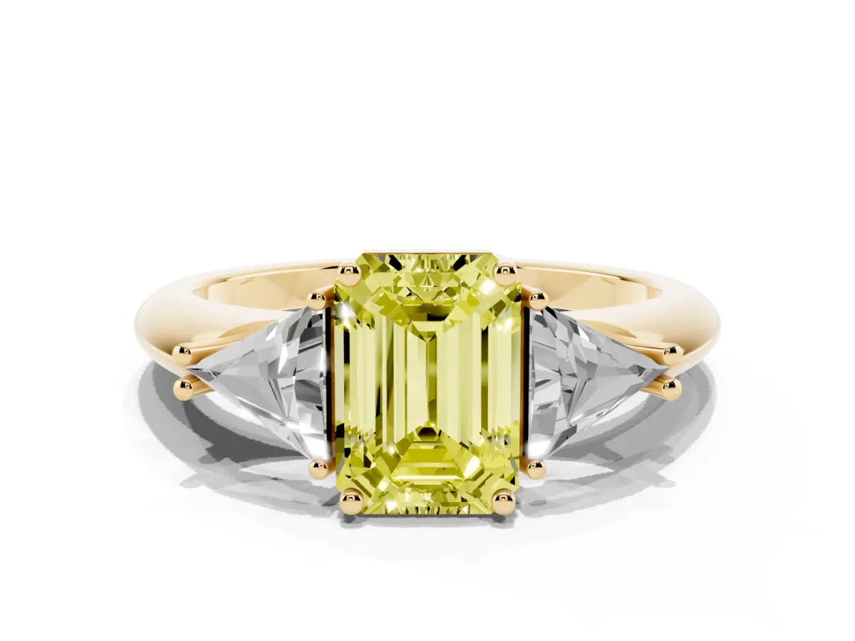Fancy Yellow Three-Stone Emerald Cut Diamond Engagement Ring with Trillion Side Stones and Prong Setting Yellow gold