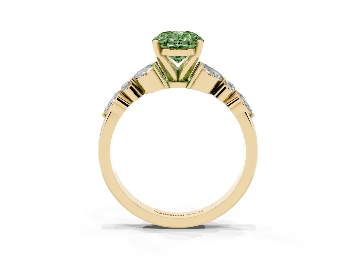 Fancy Green Oval Cut Diamond Solitaire Ring with Side Stones and Four-Prong Setting Yellow gold