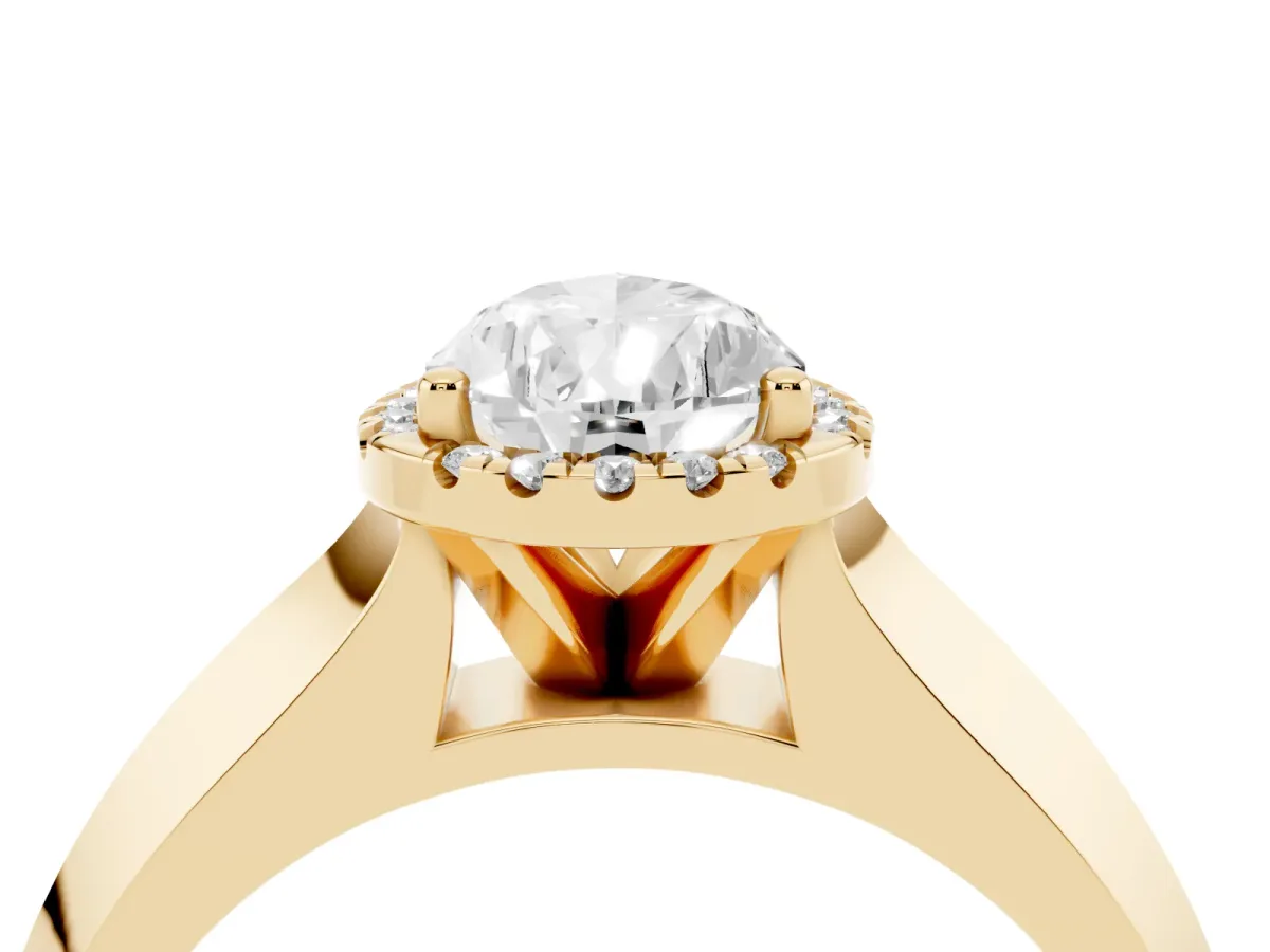 Pear Cut Halo Diamond Ring with Cathedral Band and Four-Prong Setting Yellow gold