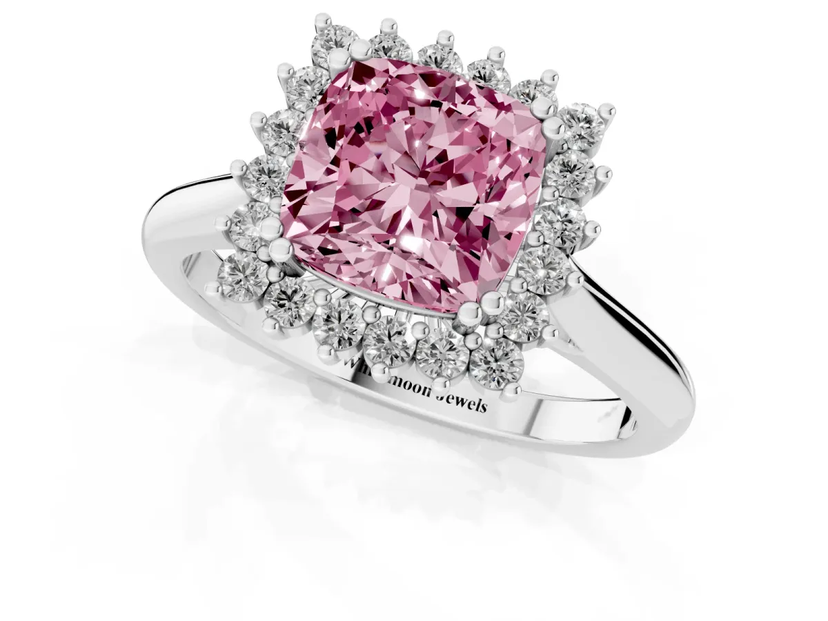 Fancy Pink Cushion Cut Cut Diamond Halo Ring with Solitaire Band and Prong Setting Silver