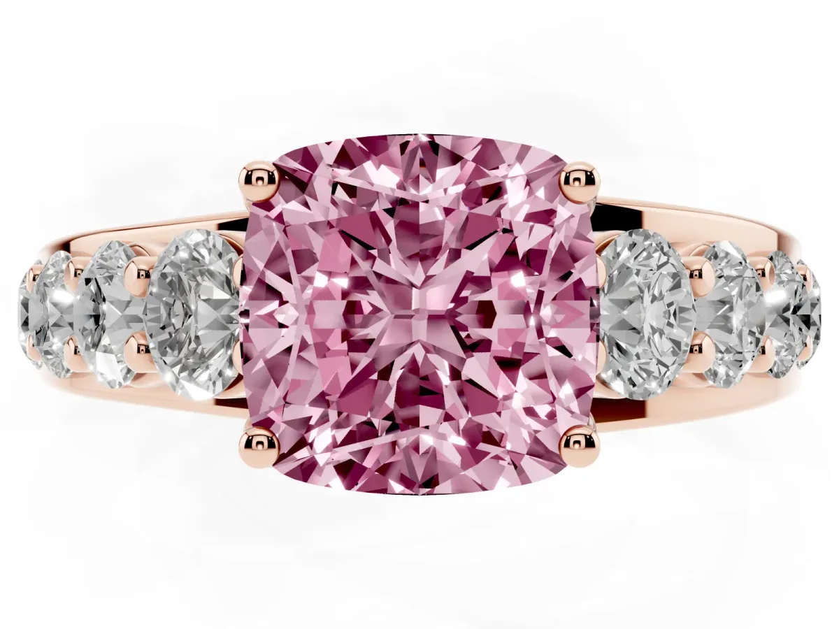 Fancy Pink Cushion Cut Diamond Engagement Ring with Pavé Band and Four-Prong Setting Rose gold
