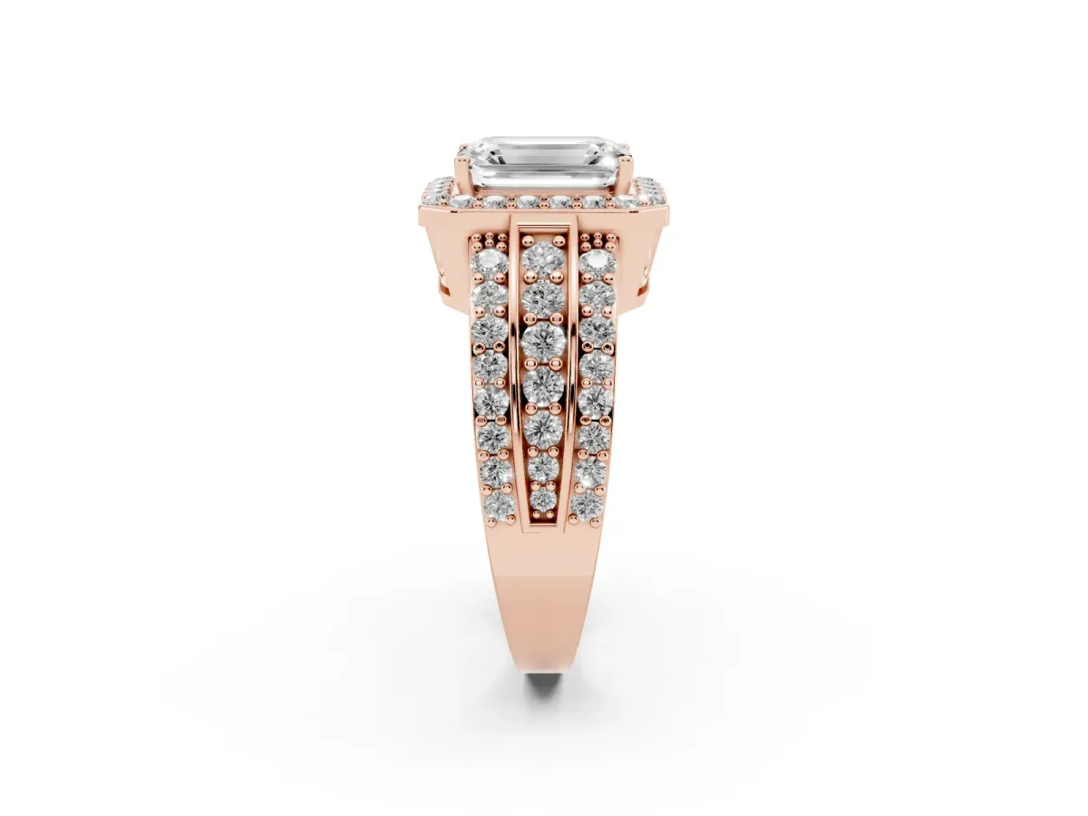 Emerald Cut Halo Diamond Ring with Round Split Shank and Prong Setting Rose gold