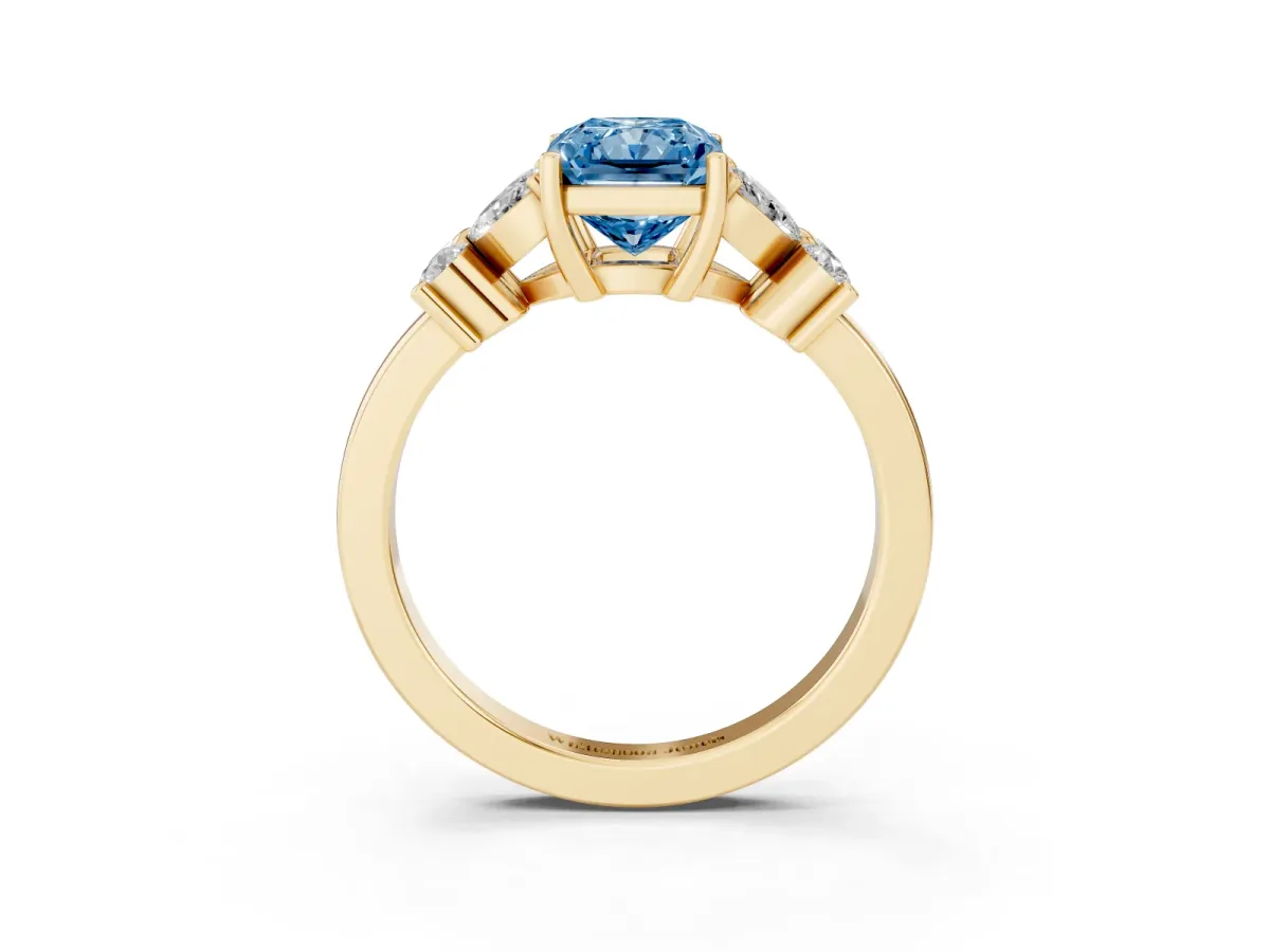 Fancy Blue Radiant Cut Diamond Floral Cluster Ring with Solitaire Band and Prong Setting Yellow gold