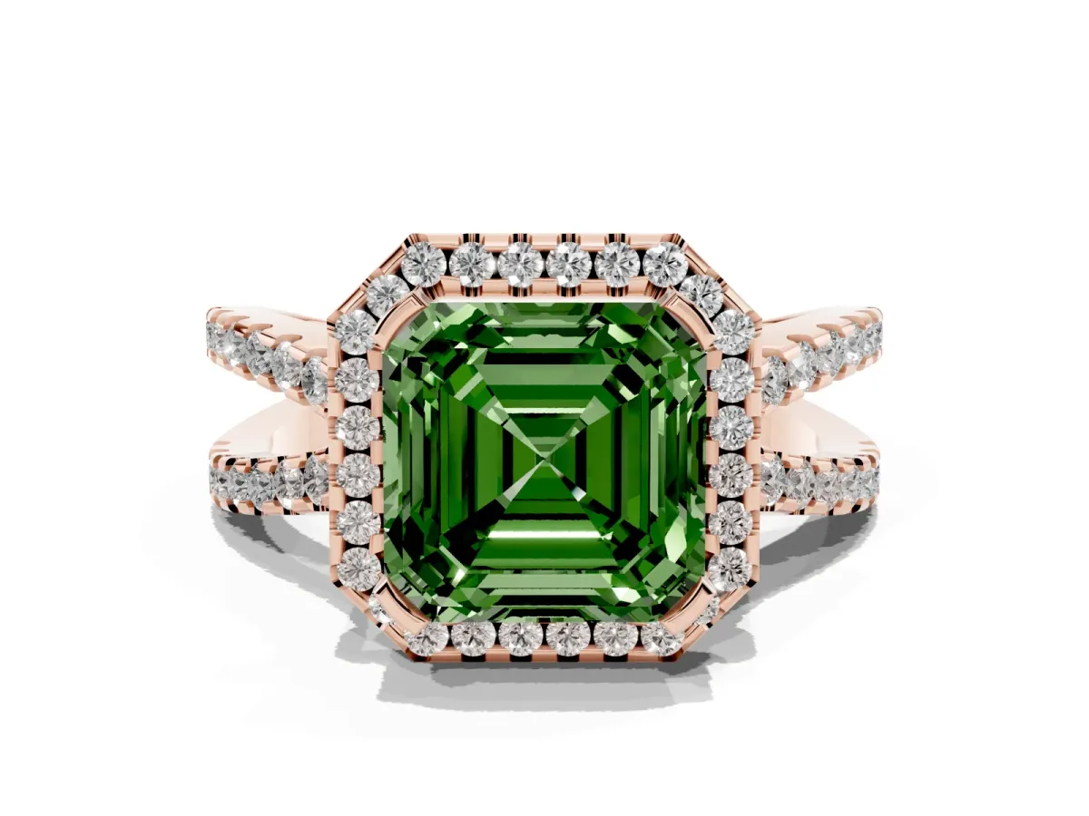 Fancy Green Asscher Cut Diamond Halo Ring with Split Shank Pavé Band and Prong Setting Rose gold