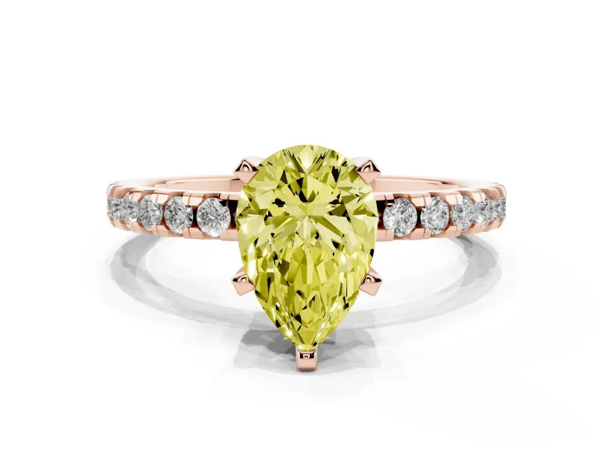 Fancy Yellow Pear Cut Diamond Solitaire Ring with Round Pavé Band and Four-Prong Setting Rose gold