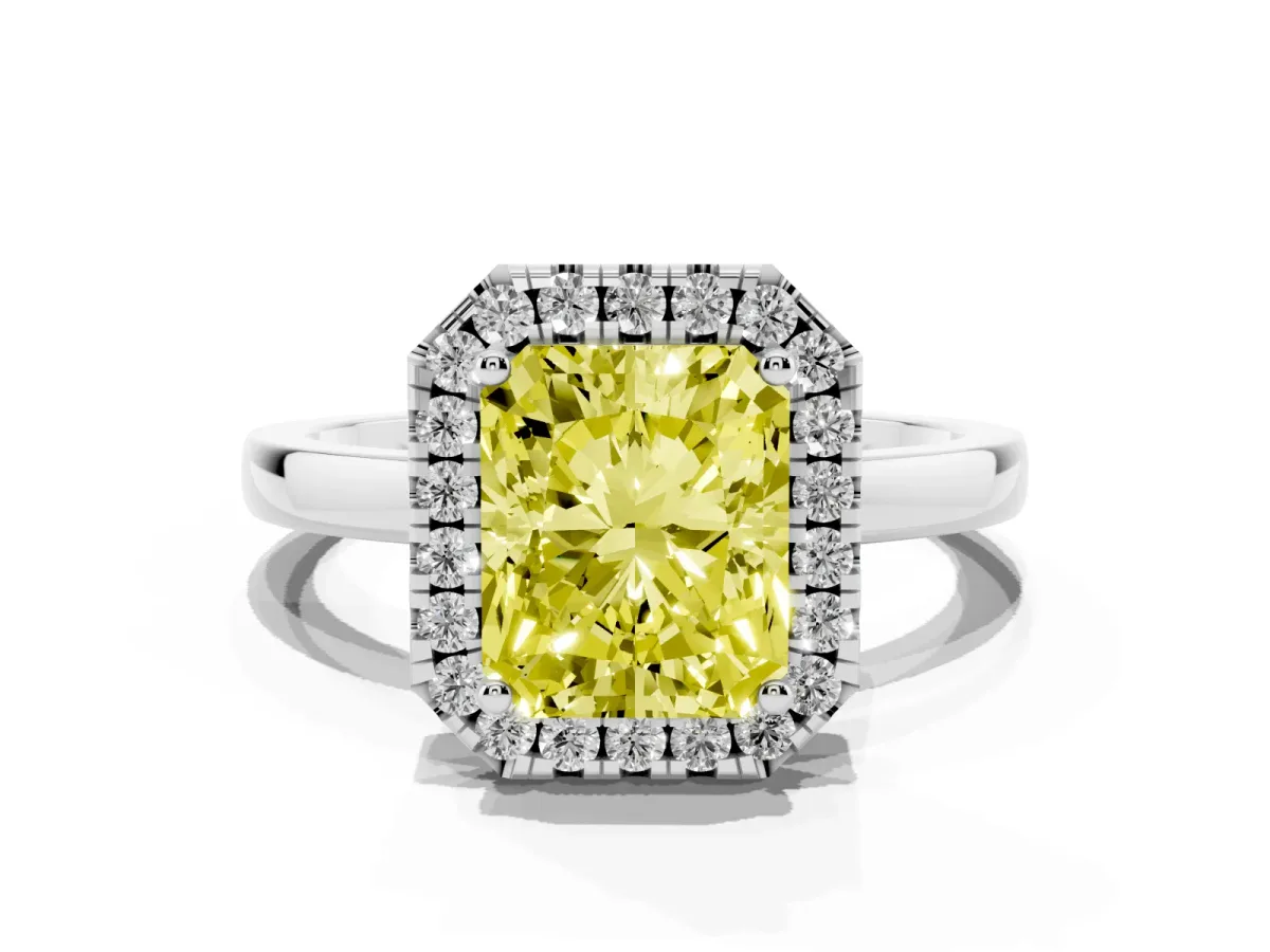 Fancy Yellow Radiant Cut Halo Diamond Solitaire with Pavé Band and Four-Prong Setting Platinum