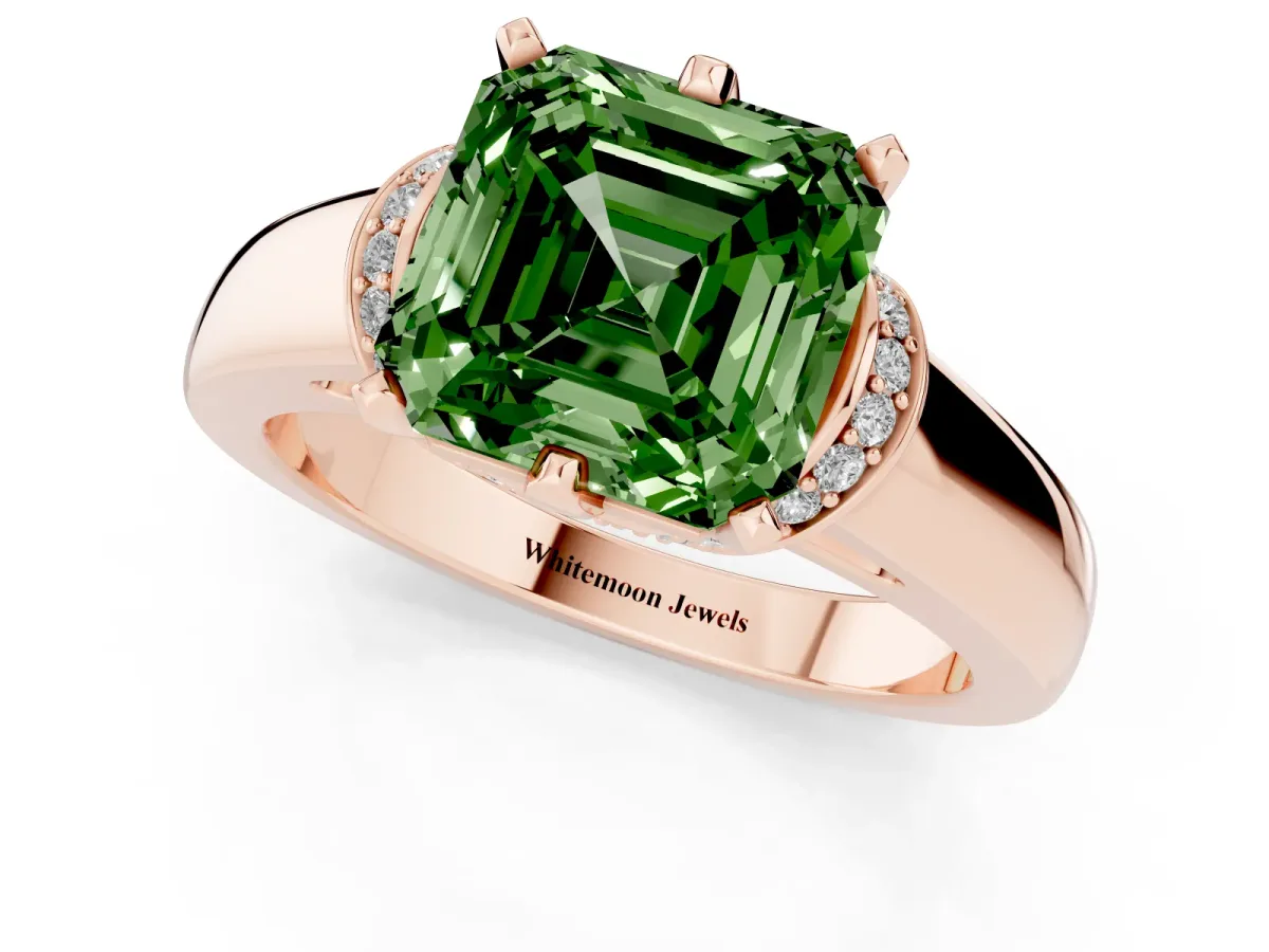 Fancy Green Asscher Cut Solitaire Diamond Ring with Pave Band and Six-Prong Setting Rose gold