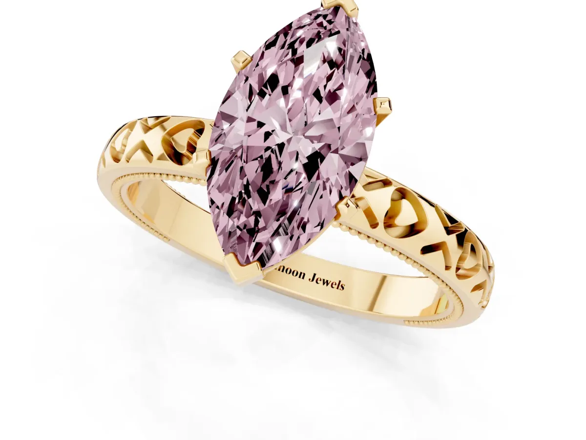 Fancy Pink Marquise Cut Solitaire Diamond Engagement Ring with XO Engraved Band and Four-Prong Setting Yellow gold