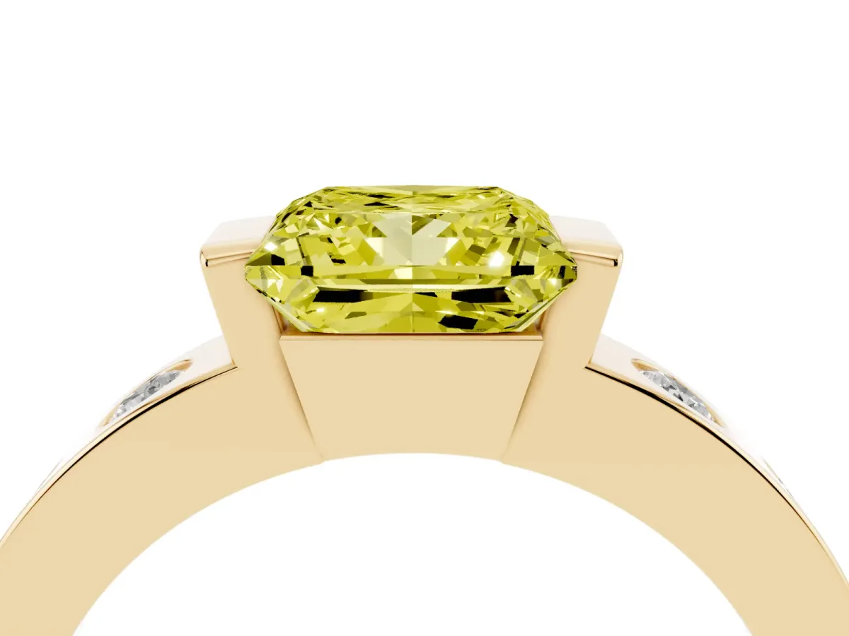 Fancy Yellow Princess Cut Brilliant Channel-Set Diamond Ring with Bezel Prong Setting Yellow gold