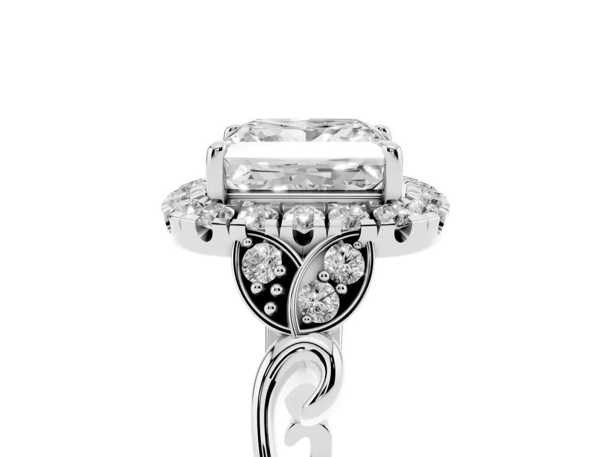 Princess Cut Halo Diamond Engagement Ring with Vintage-Inspired Band and Four-Prong Setting Silver