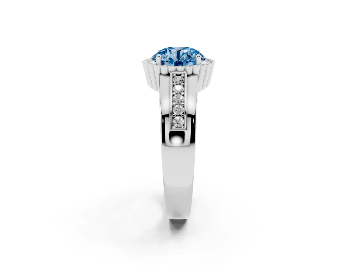 Fancy Blue Round Cut Cut Halo Pave Band Four-Prong Ring Silver