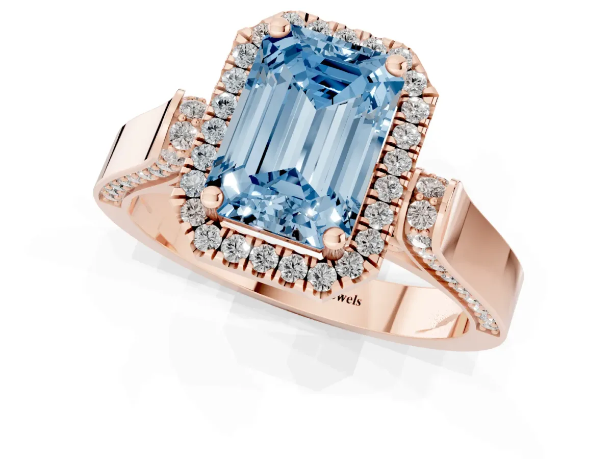 Fancy Blue Emerald Cut Halo Round Diamond Twist Band with Four-Prong Setting Rose gold