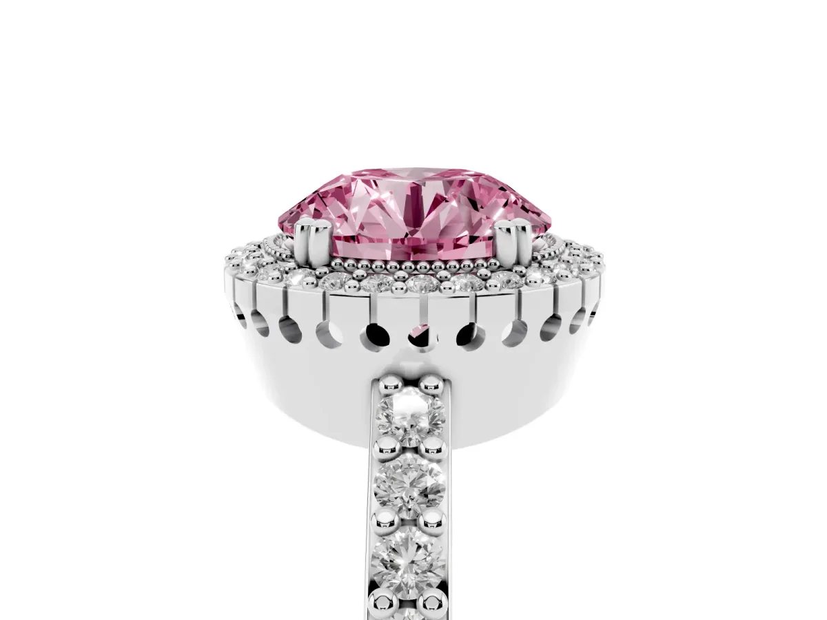 Fancy Pink Round Cut Cut Diamond Halo Engagement Ring with Milgrain Detail and Pavé Band Silver