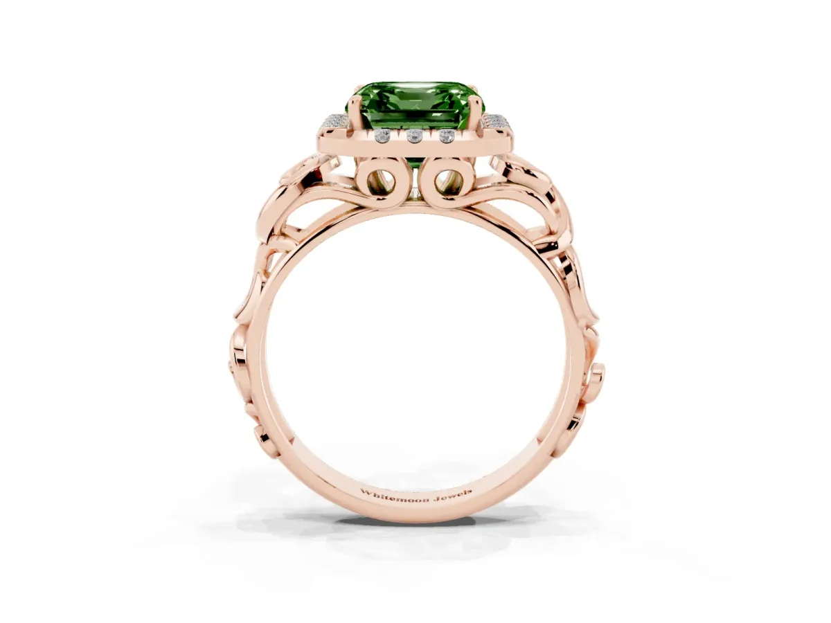 Fancy Green Asscher Cut Cut Halo Diamond Ring with Scrollwork Band and Four-Prong Setting Rose gold