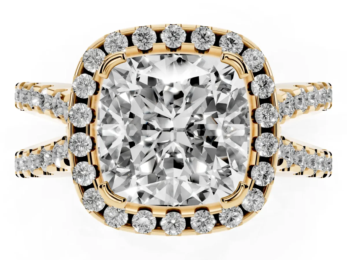 Cushion Cut Diamond Halo Ring with Split Shank Pavé Band and Prong Setting Yellow gold