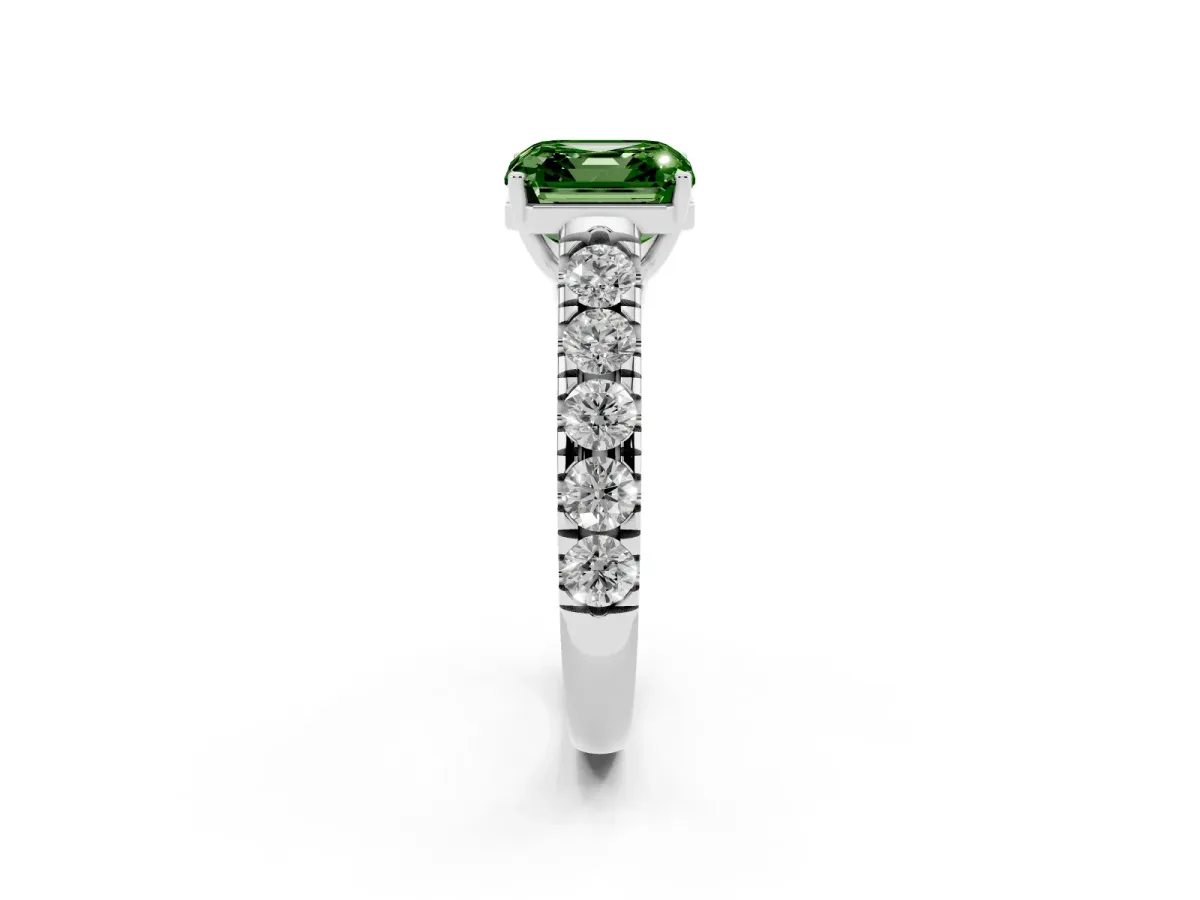 Fancy Green Asscher Cut Cut Diamond Solitaire Ring with Micro Pave Band and Prong Setting Silver