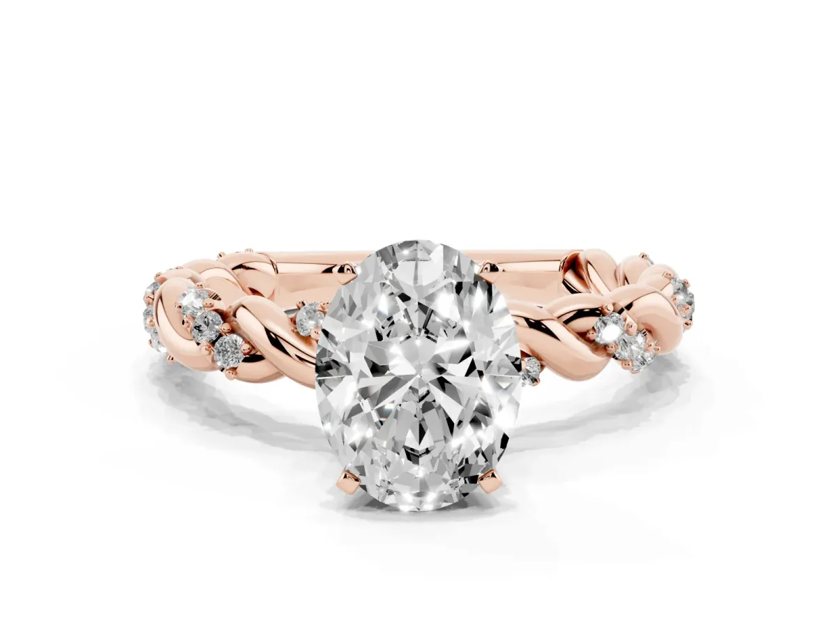 Oval Cut Diamond Solitaire Ring with Twisted Band and Pavé Accents Rose gold