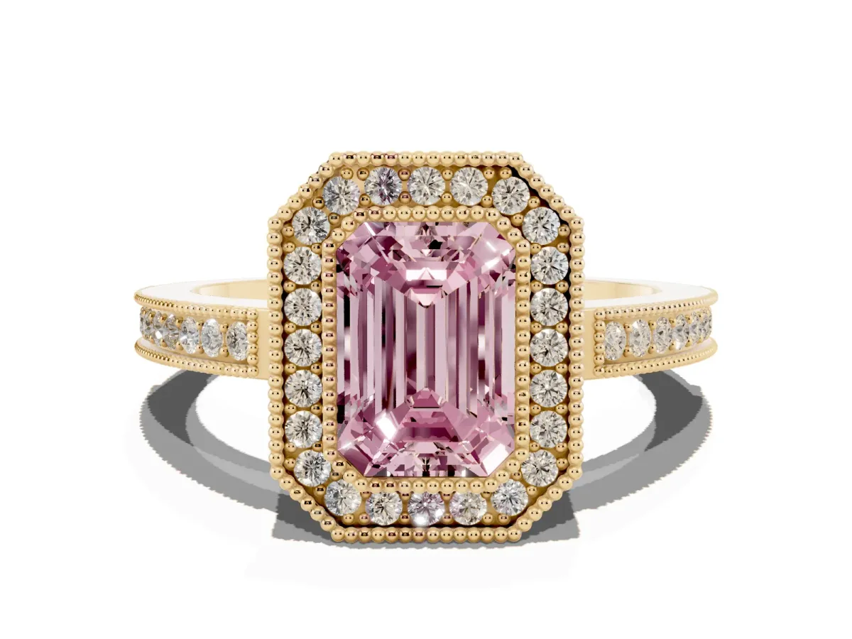 Fancy Pink Emerald Cut Cut Halo Diamond Ring with Pavé Band and Milgrain Prong Setting Yellow gold