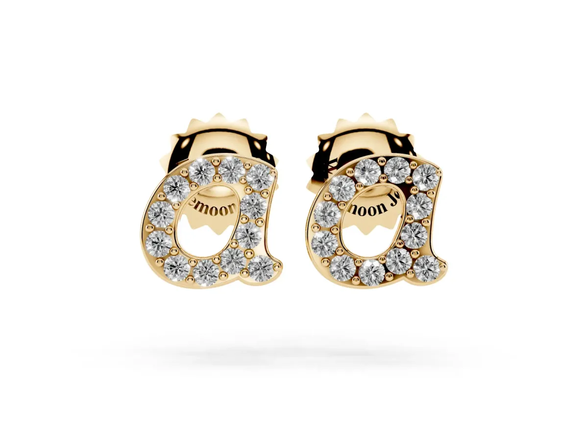 Round Diamond Initial A Stud Earrings Yellow gold
