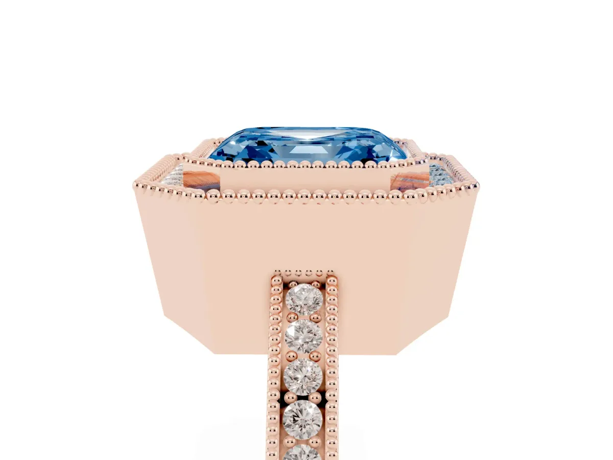 Fancy Blue Asscher Cut Cut Halo Diamond Ring with Pavé Band and Milgrain Prong Setting Rose gold