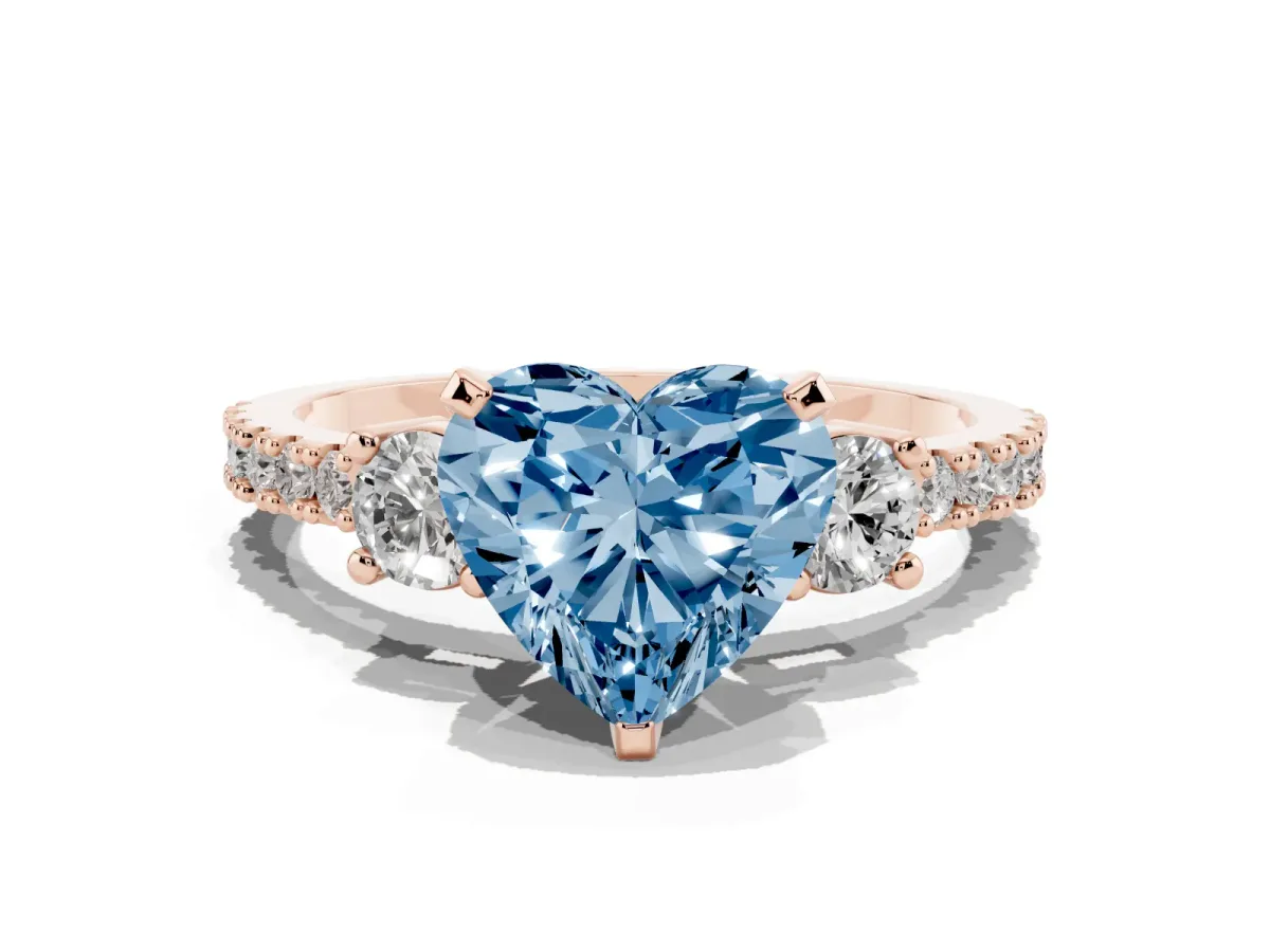 Fancy Blue Heart Cut Three-Stone Diamond Pavé Band with Prong Setting Rose gold