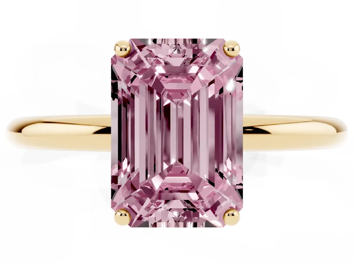 Fancy Pink Emerald Cut Solitaire Diamond Ring with a Classic Band and Four-Prong Setting Yellow gold