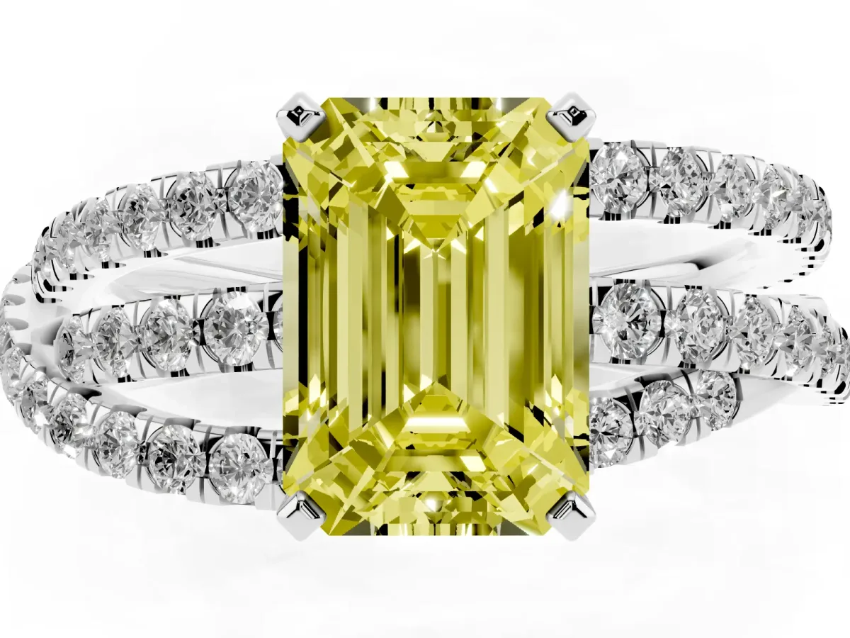 Fancy Yellow Emerald Cut Solitaire Twist Band with Pavé Setting and Four-Prong Setting Silver