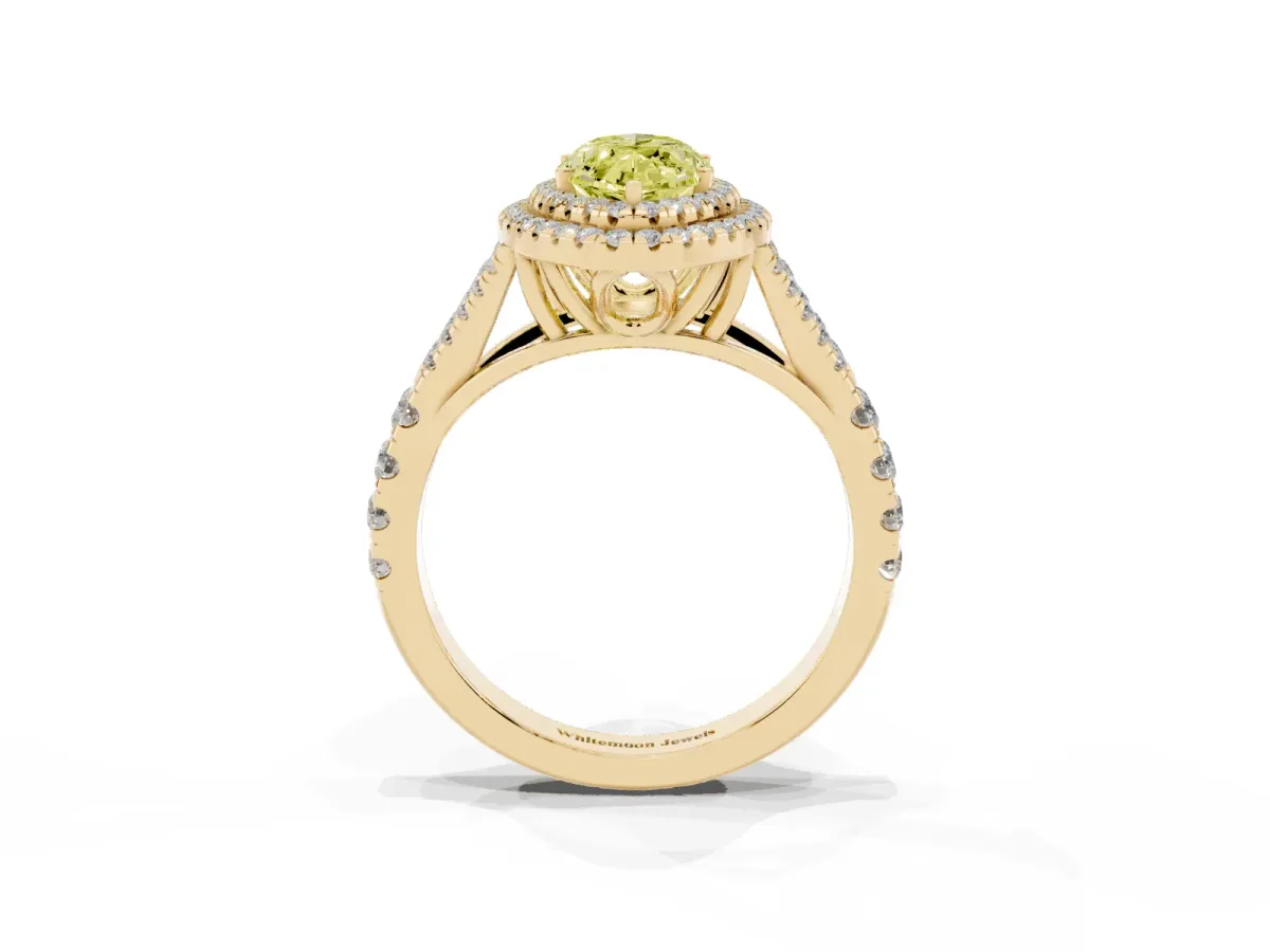 Fancy Yellow Double Halo Marquise Cut Diamond Split Shank Engagement Ring with Four-Prong Setting Yellow gold