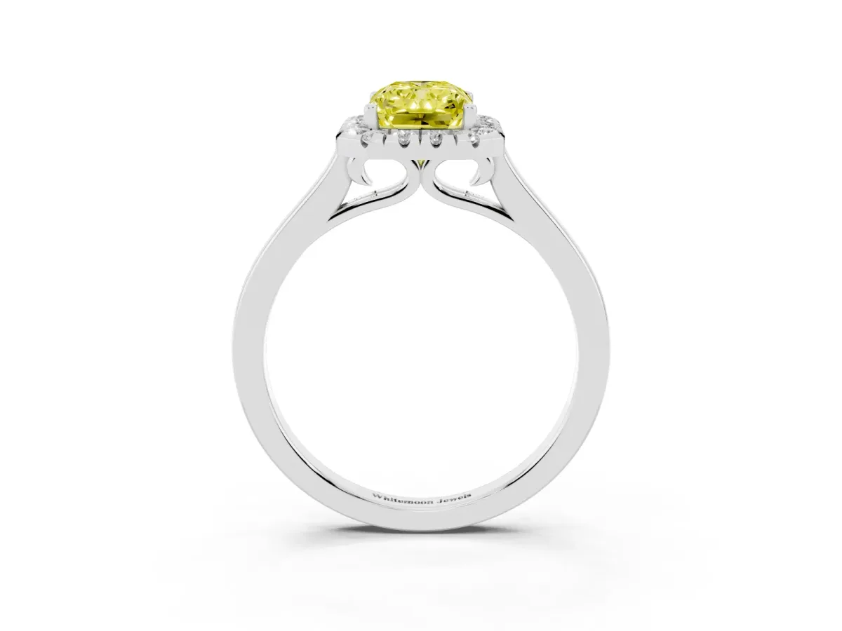 Fancy Yellow Radiant Cut Halo Round Diamond Solitaire Ring with Pavé Band and Four-Prong Setting Silver