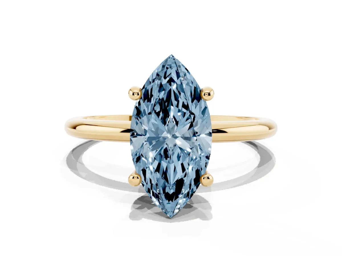 Fancy Blue Marquise Cut Solitaire Diamond Ring with 4-Prong Setting on a Classic Band Yellow gold