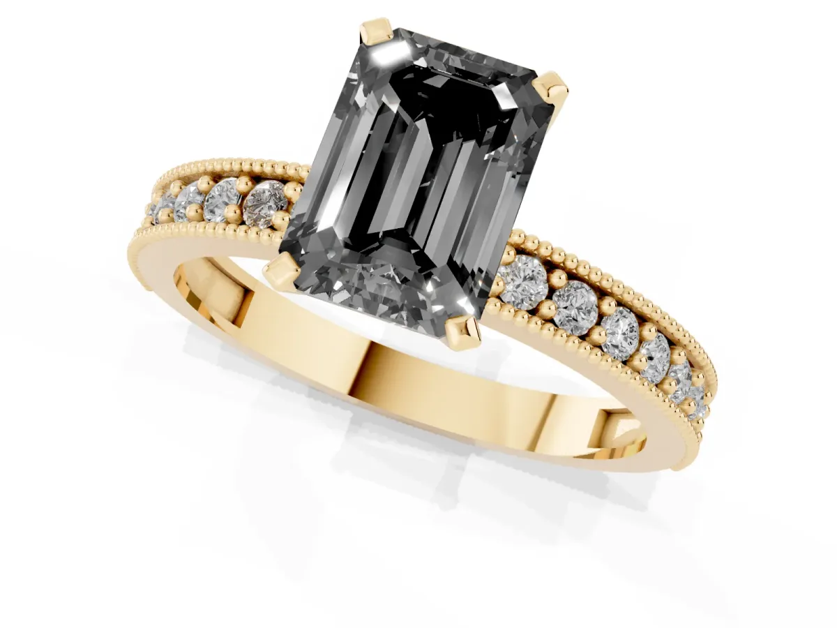 Fancy Black Emerald Cut Diamond Milgrain Pavé Engagement Ring with Four-Prong Setting Yellow gold